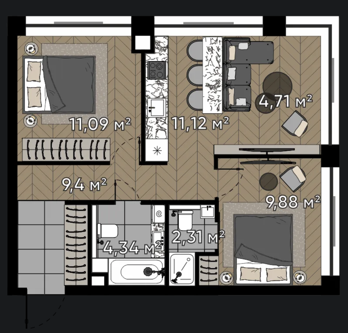 Двухкомнатная квартира 52,9 м²