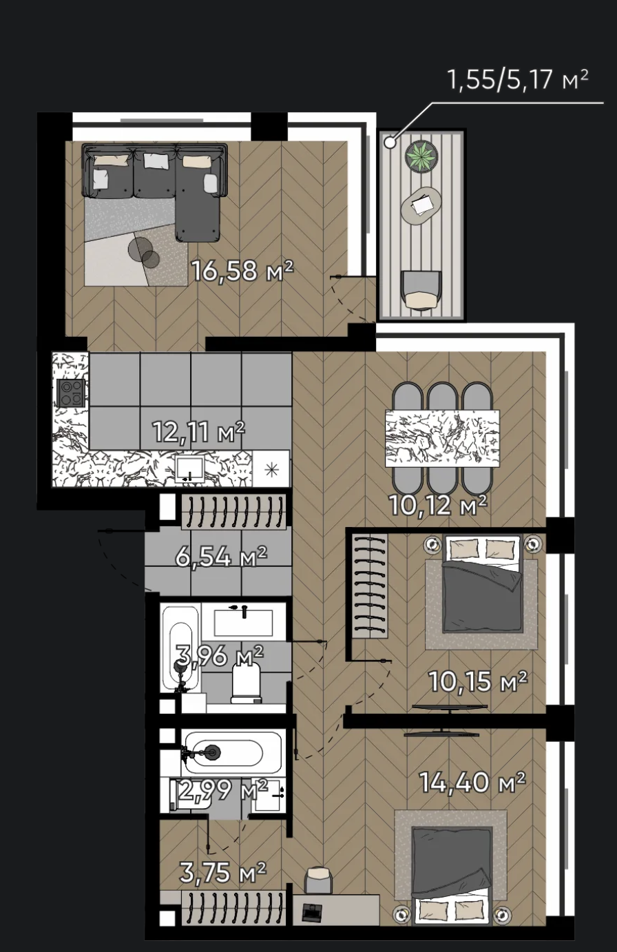Трёхкомнатная квартира 82,2 м²